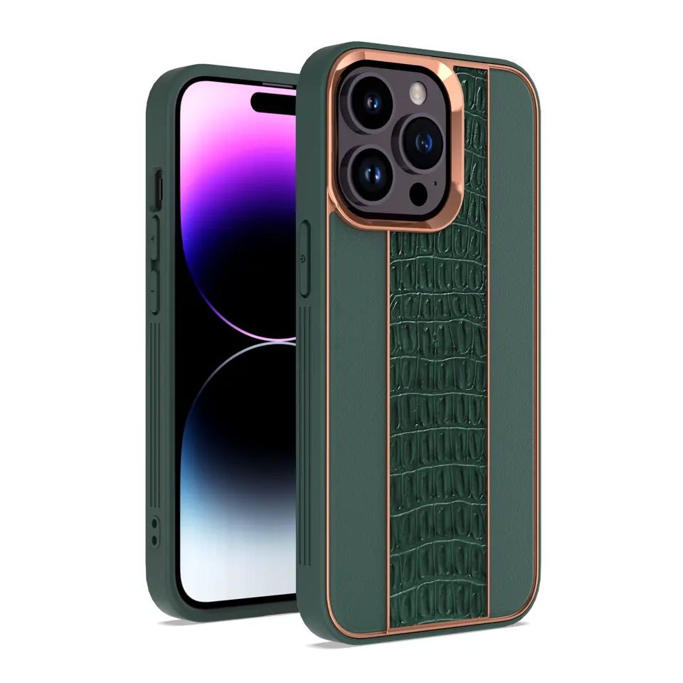 Apple IPHONE 15 PLUS Leather Chrome Case Chrome borders and Leather back protective case