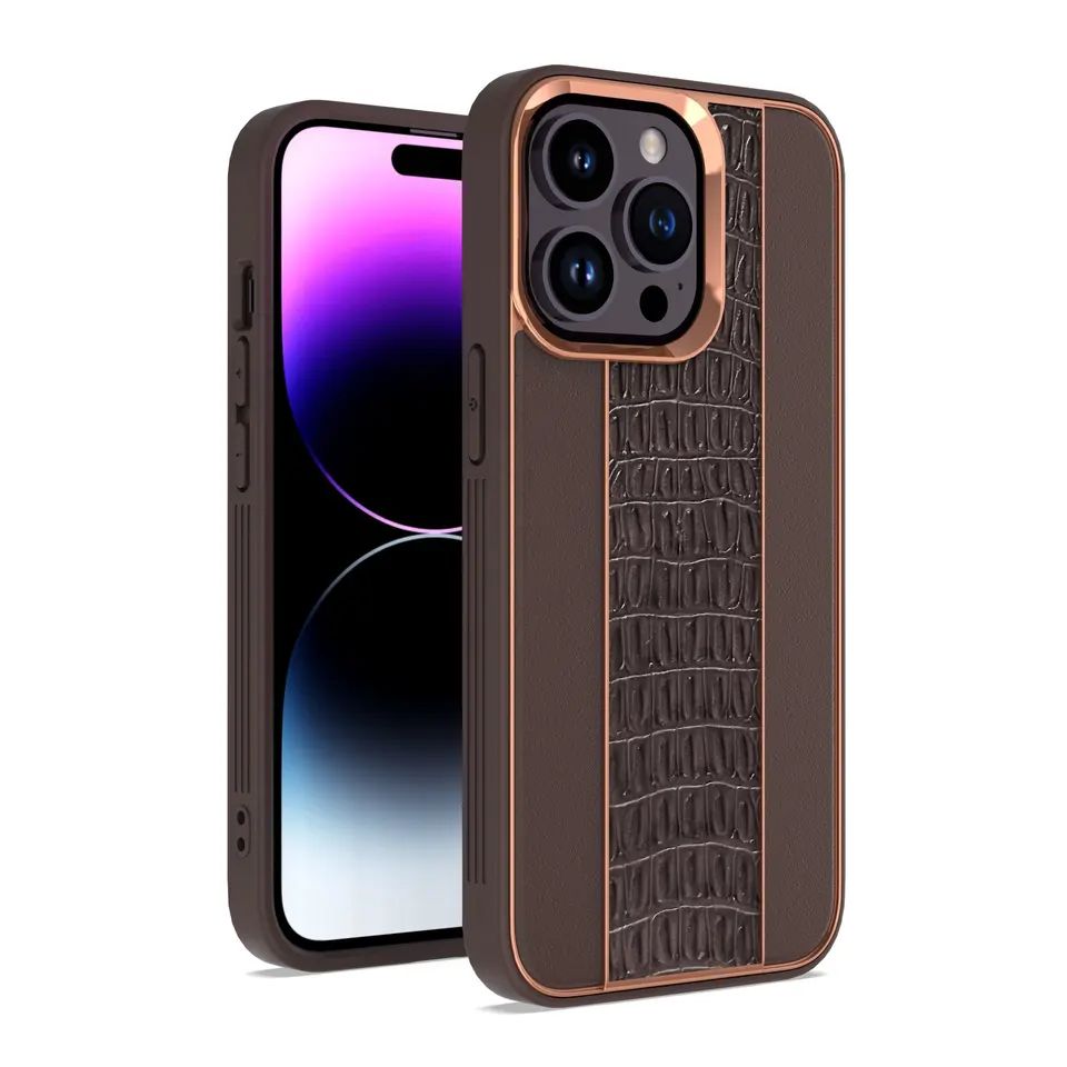 Apple IPHONE 15 PLUS Leather Chrome Case Chrome borders and Leather back protective case