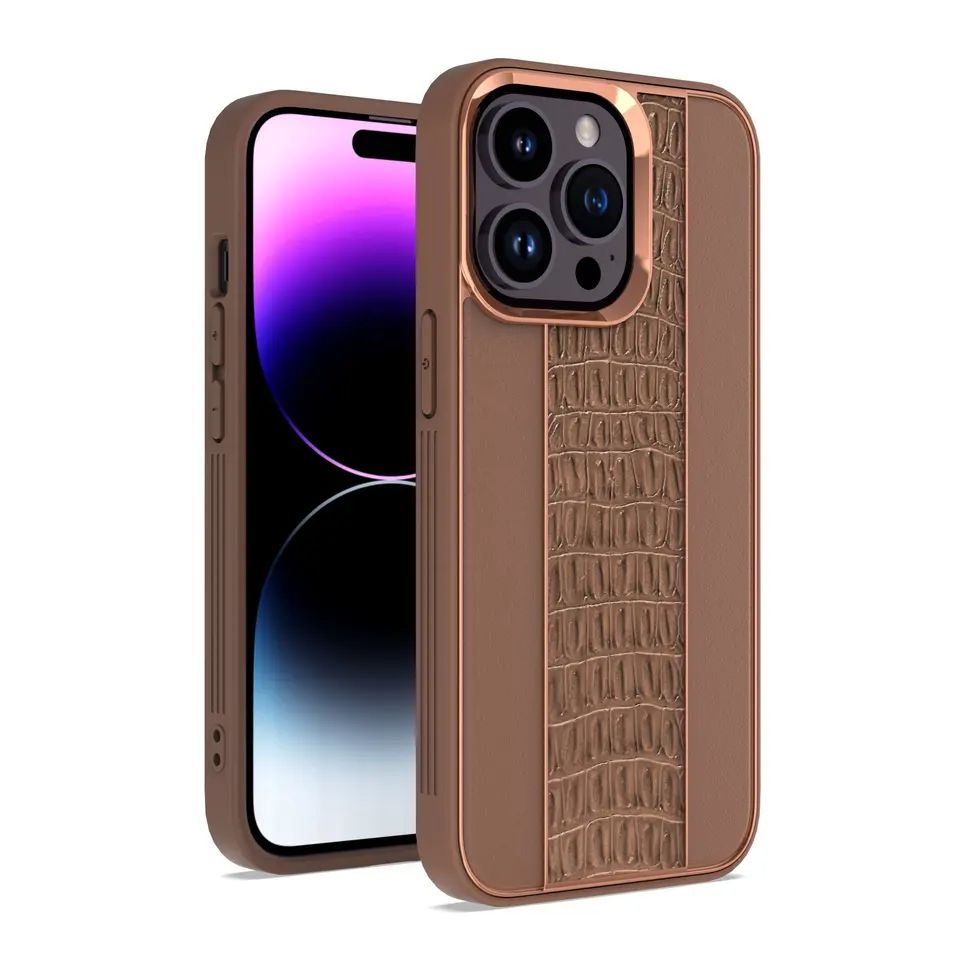 Apple IPHONE 15 PRO Leather Chrome Case Chrome borders and Leather back protective case