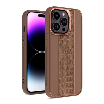 Apple IPHONE 15 PLUS Leather Chrome Case Chrome borders and Leather back protective case